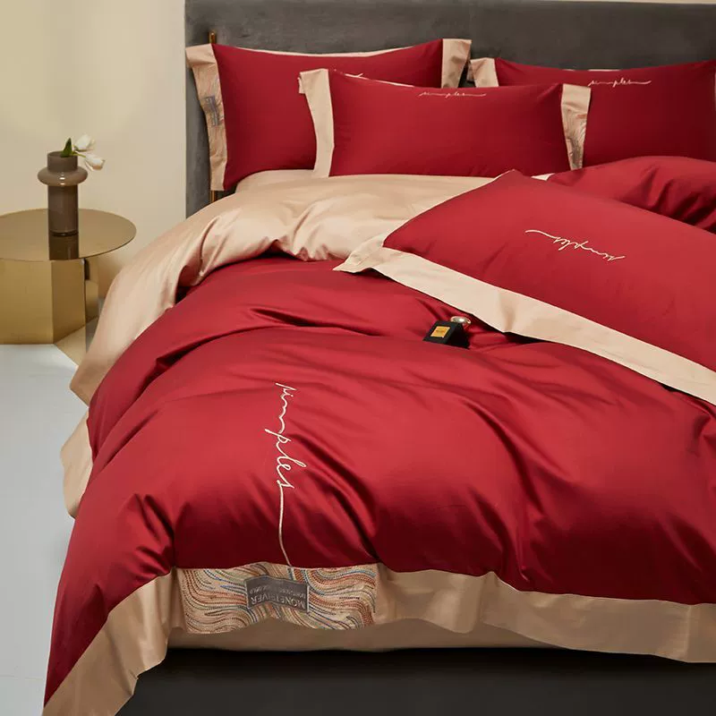 Q4Phappylove red four-piece wedding bedding set 100S wedding simple wedding