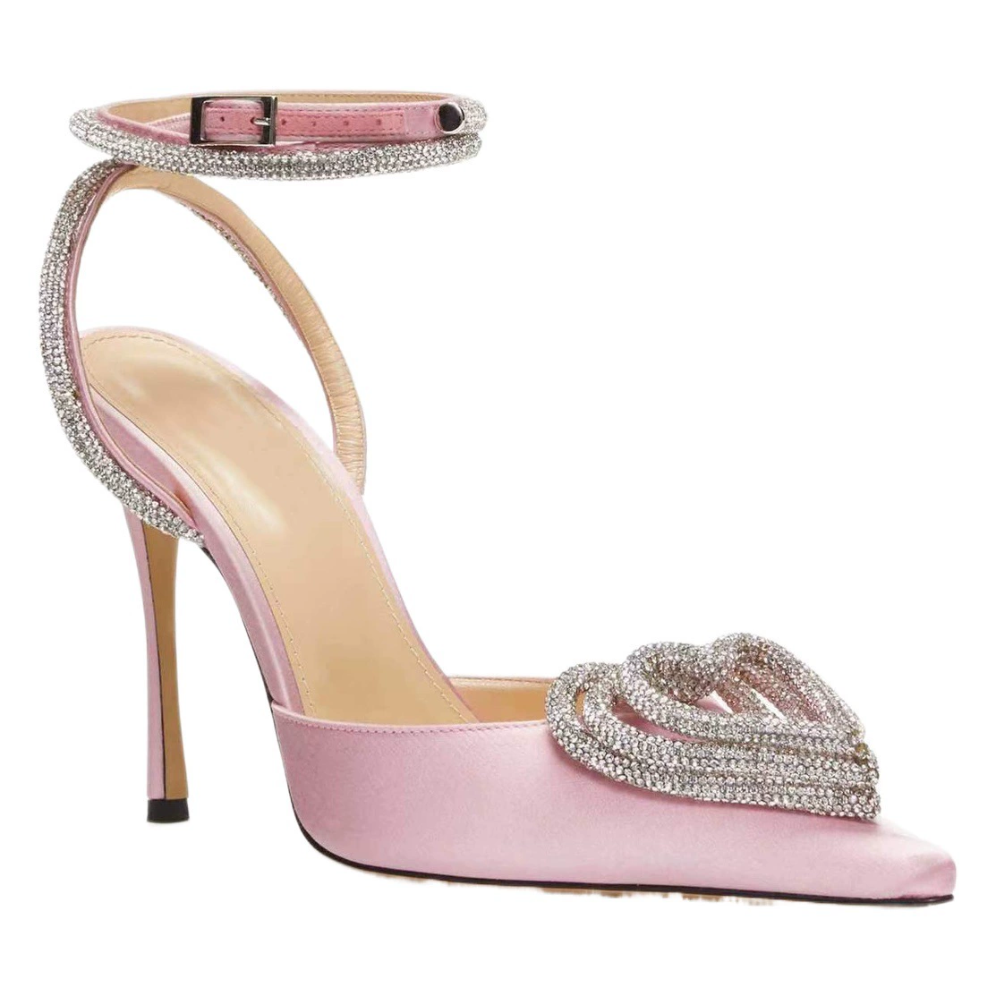 Сандалии с стразами в форме сердца, новинка лета и осени 2025 года, универсальные, в европейском и американском стиле, сексуальные, на шпильке, с ремешком, с острым носком, на высоком каблуке, для женщин