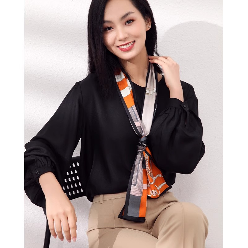 Women's Pure Silk Long Scarf - Premium Spring Accessory For Coats, Mulberry Silk Neck Tie Ribbon - Thumbnail 2