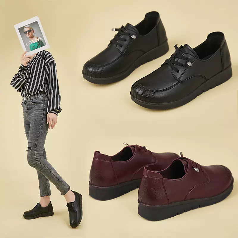 加绒女单鞋保暖秋冬新款中老年牛筋底妈妈鞋软底舒适休闲小皮鞋女