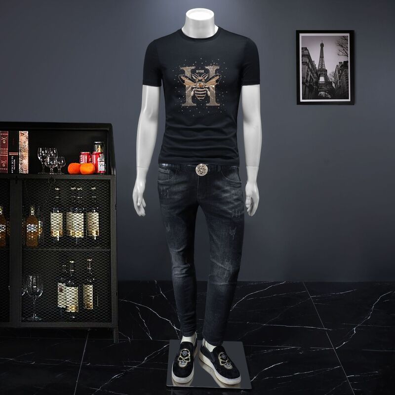 2025 European Station Hot Rhinestone T-Shirt T-Shirt Men's Wear Slim-fit Fashionable Summer New