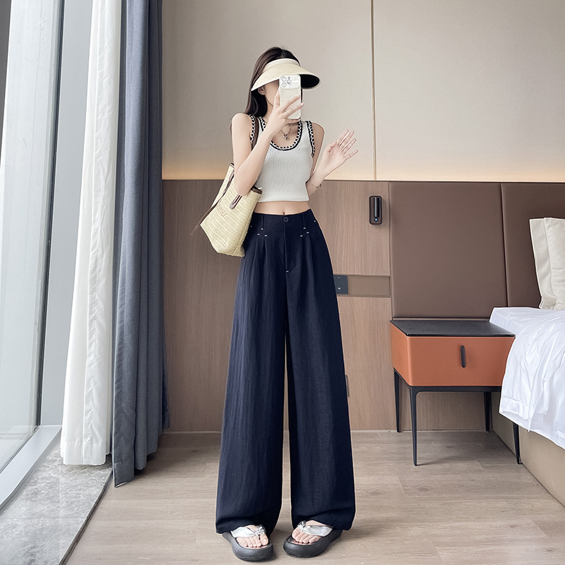 Quần ống rộng vải lụa băng đa năng nữ, phong cách sang trọng mỏng nhẹ mùa hè, quần ống đứng vải lanh Tencel — Màu xanh hải quân (kiểu thông thường)