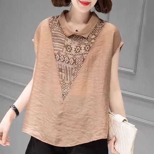 Baby Collar Short Sleeve Cotton Linen Shirt Summer Loose Fitting Slimming Splicing Plus Size Women's Blouse Print Stomach Covering Top Thin