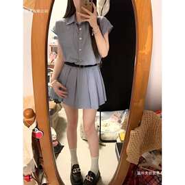 韩系纯欲风条纹衬衫连衣裙短裙夏季高级感气质收腰显瘦百褶裙腰带