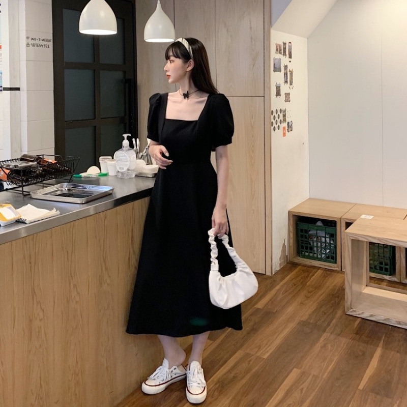 2025 Stock Is Sufficient with High-Quality Version of Little Black Dress Slimming French Square Neck Over-The-Knee Long Dress for Women