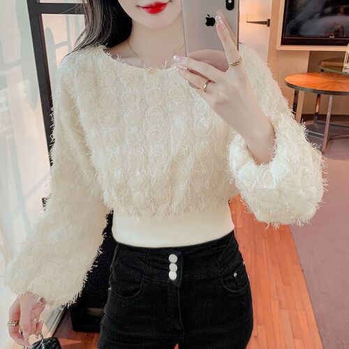 Spring new style, age-reducing fashion, ultra-immortal waist waist lantern, long-sleeved hoodie, women's small short top