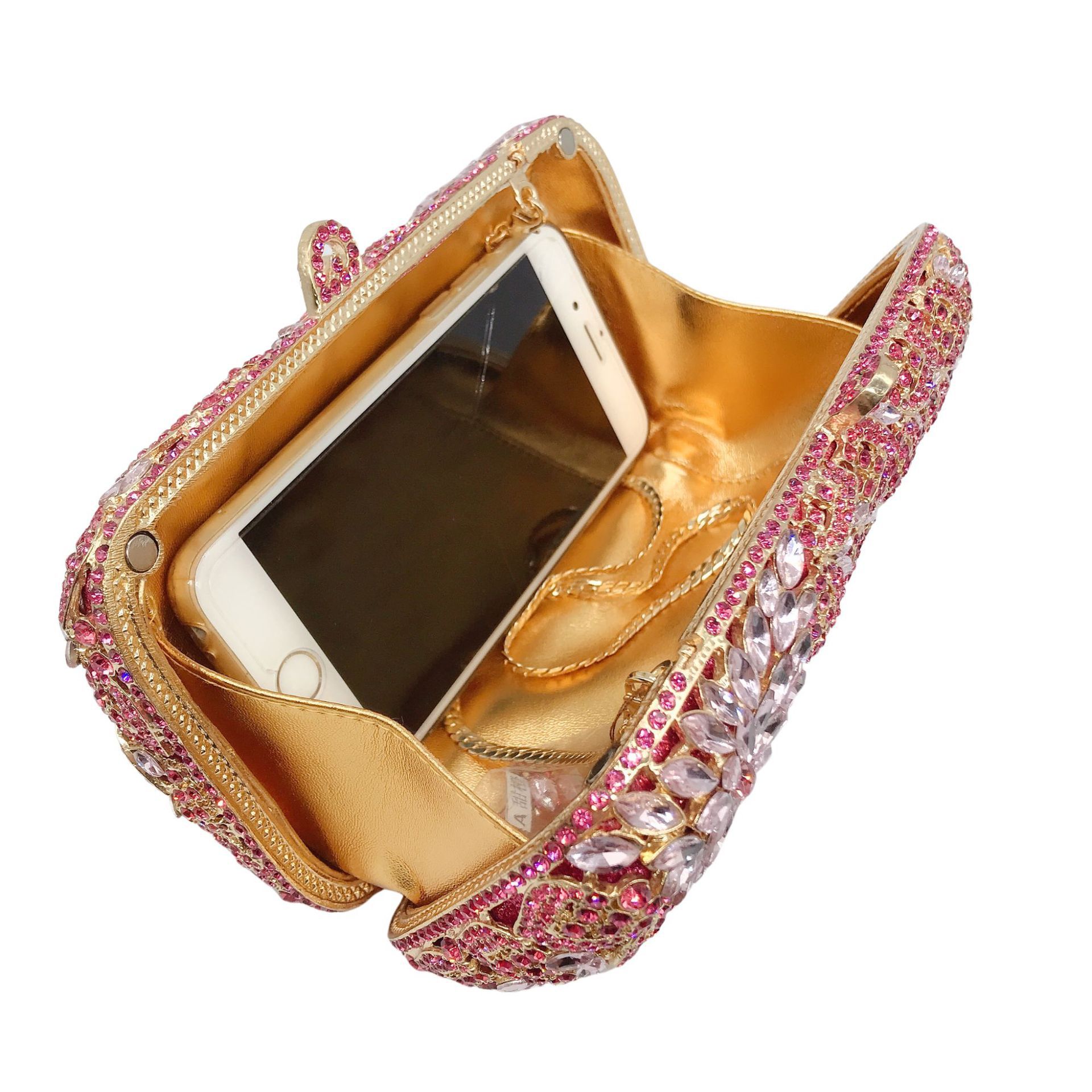* Transfronterizo hueco metal con diamantes bolsas de cena vestido de banquete de diamantes llenos bolsas de mano de mujer embrague de piedra negro