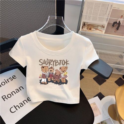 Ribbed pure cotton girl's short-sleeve T-shirt high-waist crop top summer children white short sleeve inner half sleeve fashion top