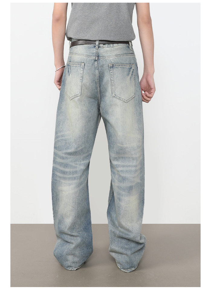 Quần jeans nam ống rộng dáng thẳng lưng giữa, phong cách retro, dài chấm gót — màu xanh chi tiết 6