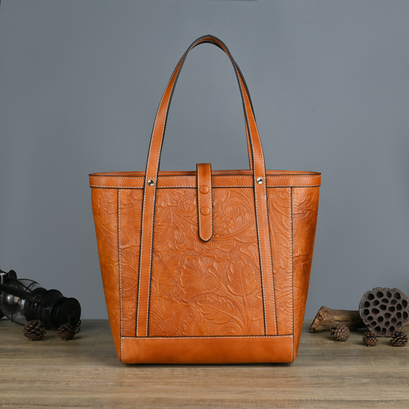 Túi Tote Da bò cao cấp cổ điển, đeo vai cầm tay, sức chứa lớn — Vàng cổ điển, Nâu cổ điển, Xanh lam cổ điển