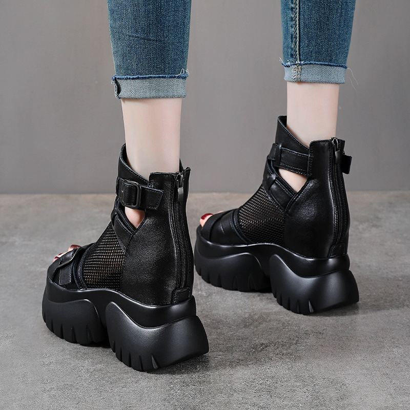 Sandal cao gót nữ mũi hở đế xuồng da bò cao cổ phong cách La Mã — màu đen