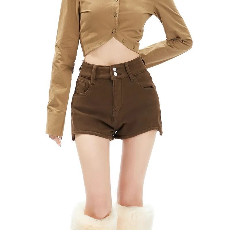 High-Waisted Retro Design Brown Denim Shorts for Women 2025 New American High Street Sexy Slimming Look A-Line Shorts