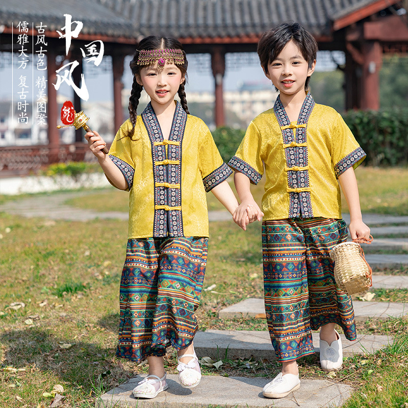 男女童中国风儿童男汉服傣族服女少数民族泼水节舞蹈演出服批发