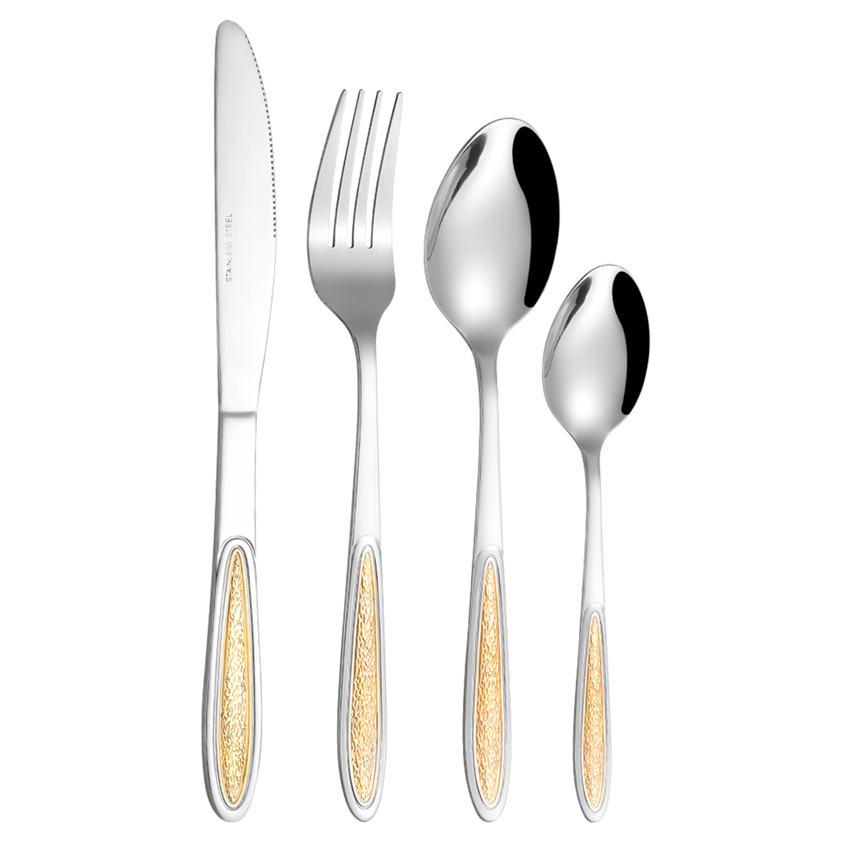 Cruz-Frontera de Oriente Medio vajilla de acero inoxidable cuchillo de carne y tenedor cuchara bolsa de PVC 6-pack en relieve cuchillo chapado en oro, tenedor y juego de cuchara