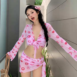 新款女韩游泳衣性感花色裹纱长袖开衫三点式性感四件套比基尼温泉