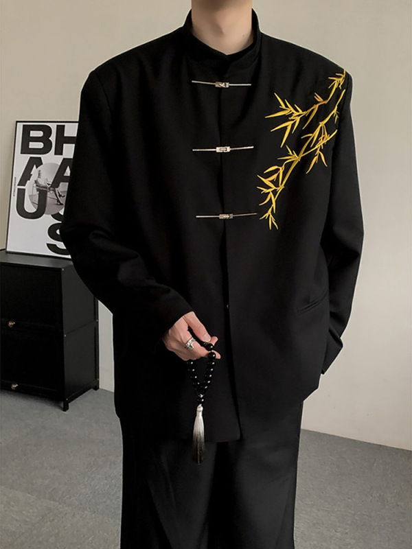 New Chinese Style Men's Engagement Clothes suit Guofeng Vertical Collar Zhongshan Suit Golden Bamboo Embroidered Boys Adult Dress Suit