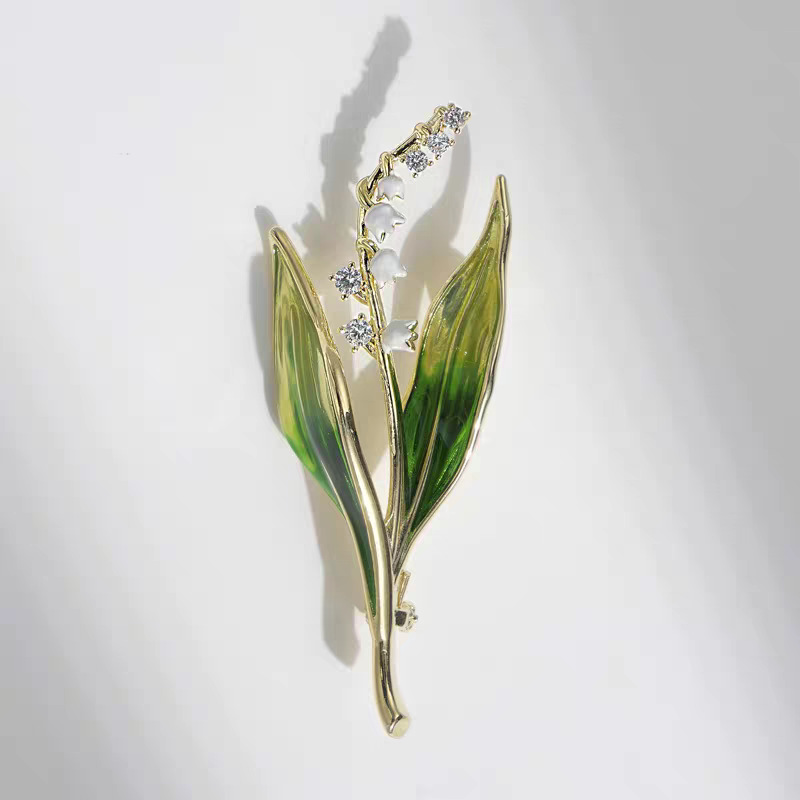 Cross-Border Best-Selling Enamel Lily of the Valley Brooch, Light Luxury and High-End Feel, Green Oil-Drip Brooch, Clothing Accessory, Anti-Exposure Pin