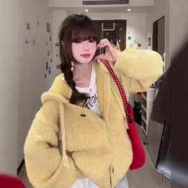 韩系连帽软糯黄色针织开衫上衣女早秋季穿搭宽松慵懒风毛衣外套冬