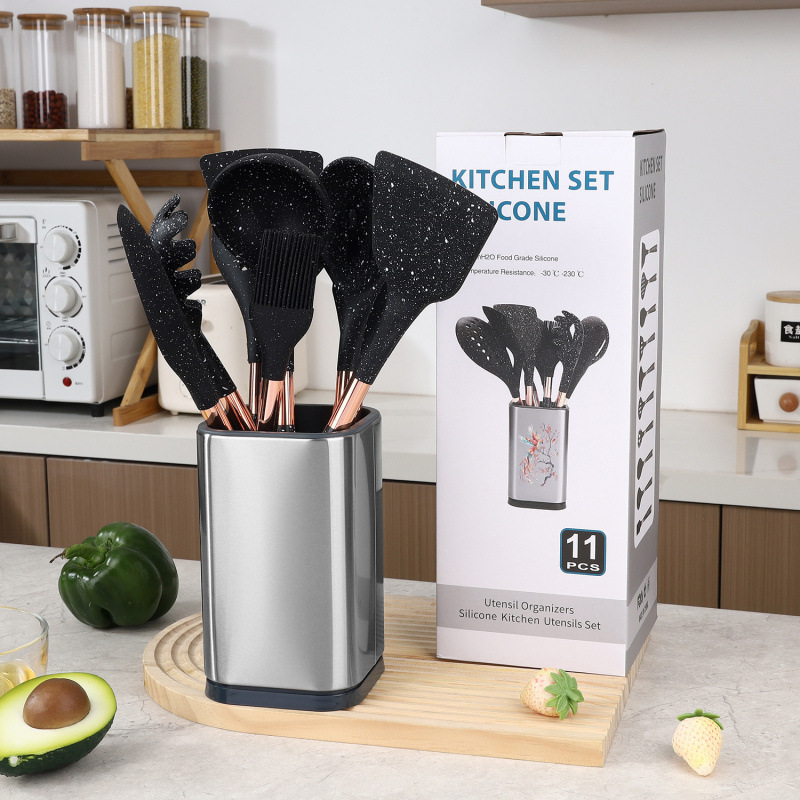 Nuevo juego de utensilios de cocina de silicona, juego de 11 piezas, mango de revestimiento para el hogar, utensilios de cocina, sartén antiadherente, juego de cubo de almacenamiento