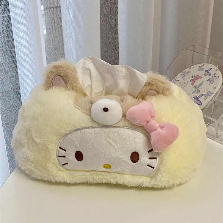 Cute kitty cream yellow plush tissue box for home use in the living room, bathroom, or car