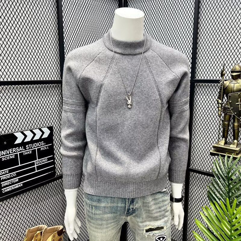 Men's High Neck Sweater Spring Gray Loose Fit Warm Thick Mid Neck Knitted Base Layer_voghion.com
