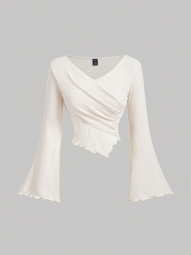New European and American-style women's irregular off-shoulder cashmere long-sleeved T-shirt—autumn/winter design, slimming base layer.
