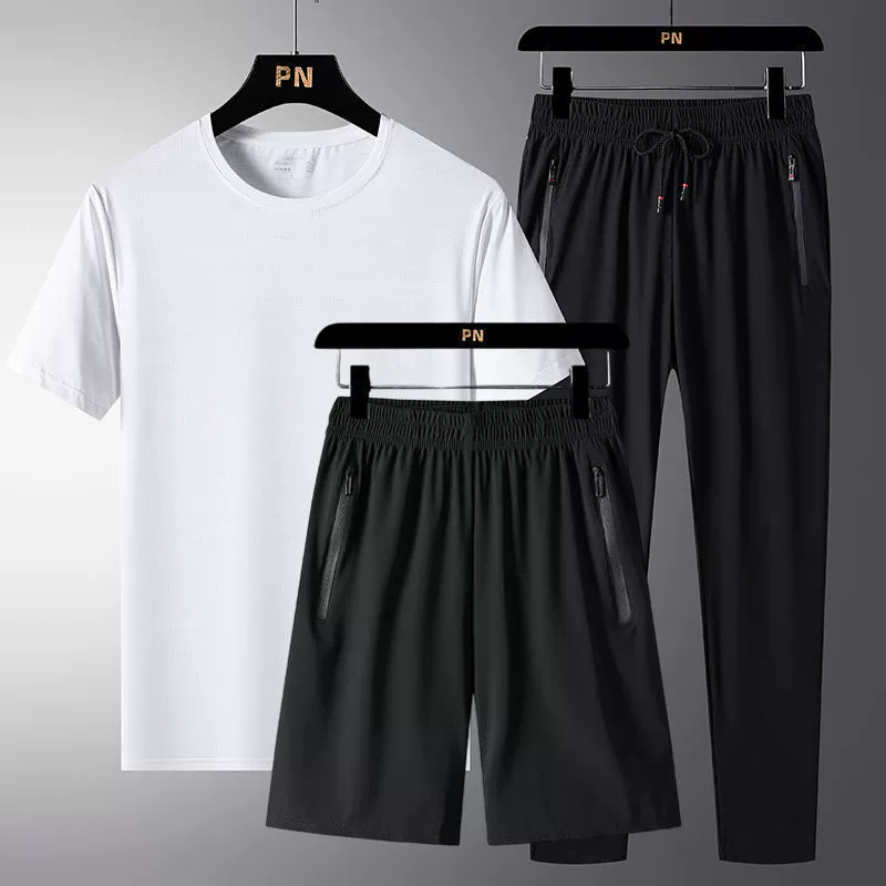 Summer silk thin sports suit for leisure, elastic breathable sports set, plus size, 3 piece set