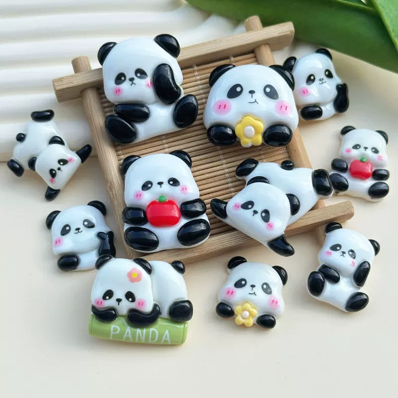 花花熊猫系列树脂diy饰品配件手机壳洞洞鞋冰箱贴片发夹发饰材料