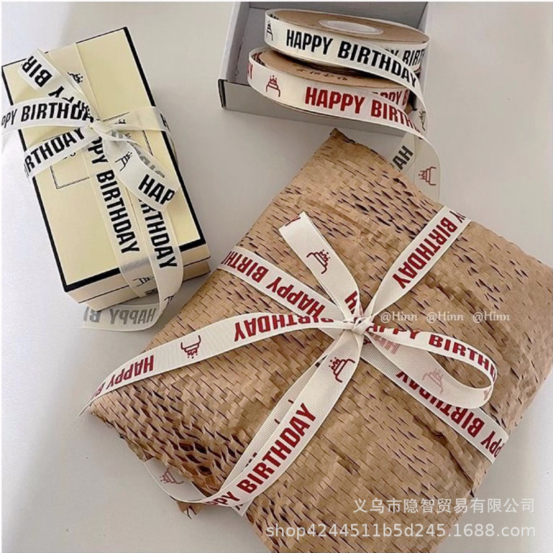 Ins-Style English Satin Ribbon Gift Bouquet Packaging Ribbon Decoration Off-White Happy Birthday Ribbed Ribbon Ins-Style English Satin Ribbon Gift Bouquet Packaging Ribbon Decoration Off-White Happy Birthday Ribbed Ribbon
