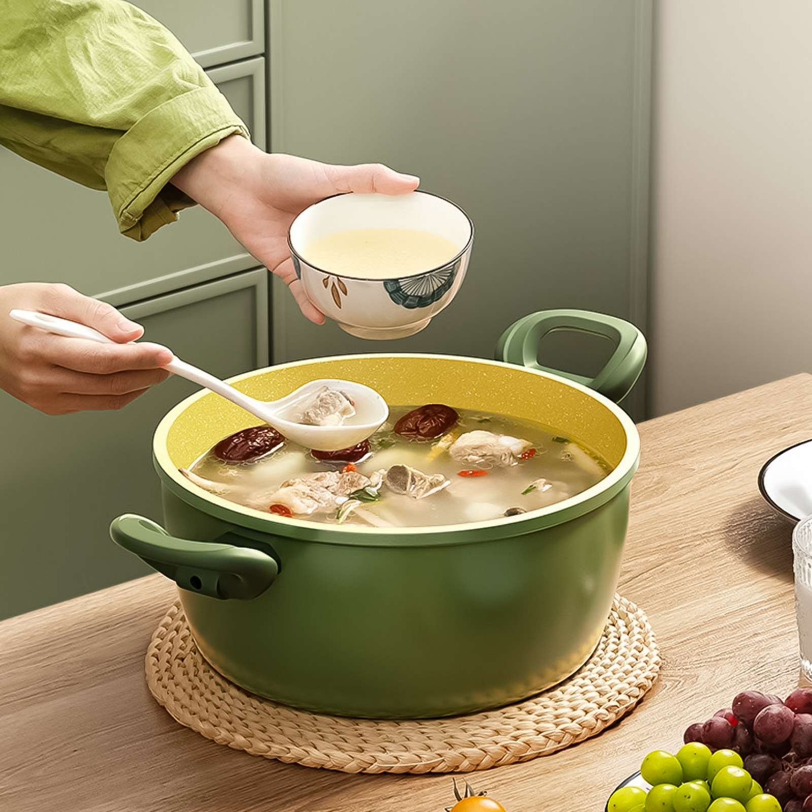 Light luxury avocado green household non-stick pot set gift pot soup pot frying pan induction cooker universal set pot