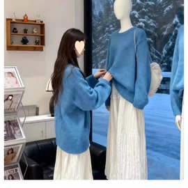 韩系慵懒风蓝色毛衣女冬季高级感宽松显瘦奶呼呼软糯春秋针织衫