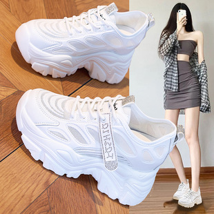 Inner Height-Increasing White Shoes for Women to Wear Outside 2025 Summer New Thick-Soled 9cm Mesh Breathable Women's Casual Sports Shoes