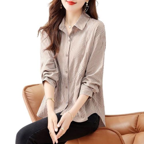 Ladies' Shirt 2025 Spring & Autumn Design-Savvy Niche Top Fashionable and Trendy Belly-Hiding Slimming Striped Blouse
