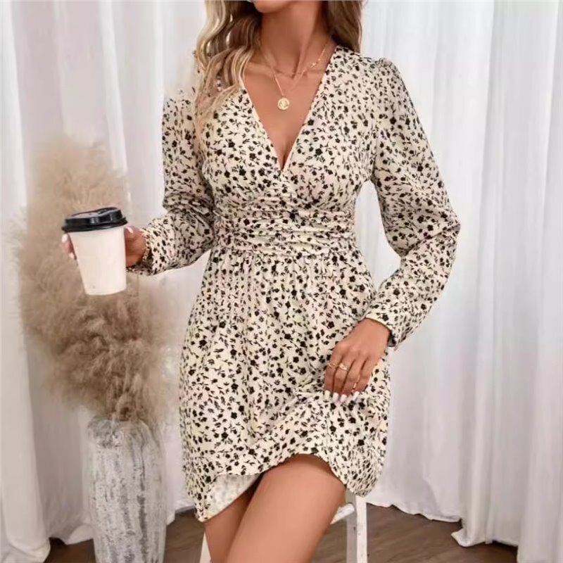 Manufacturer 2024 New Spring and Autumn French Floral Print Waist-Length Long-Sleeve Dress Amazon Women's European and American Fashion
