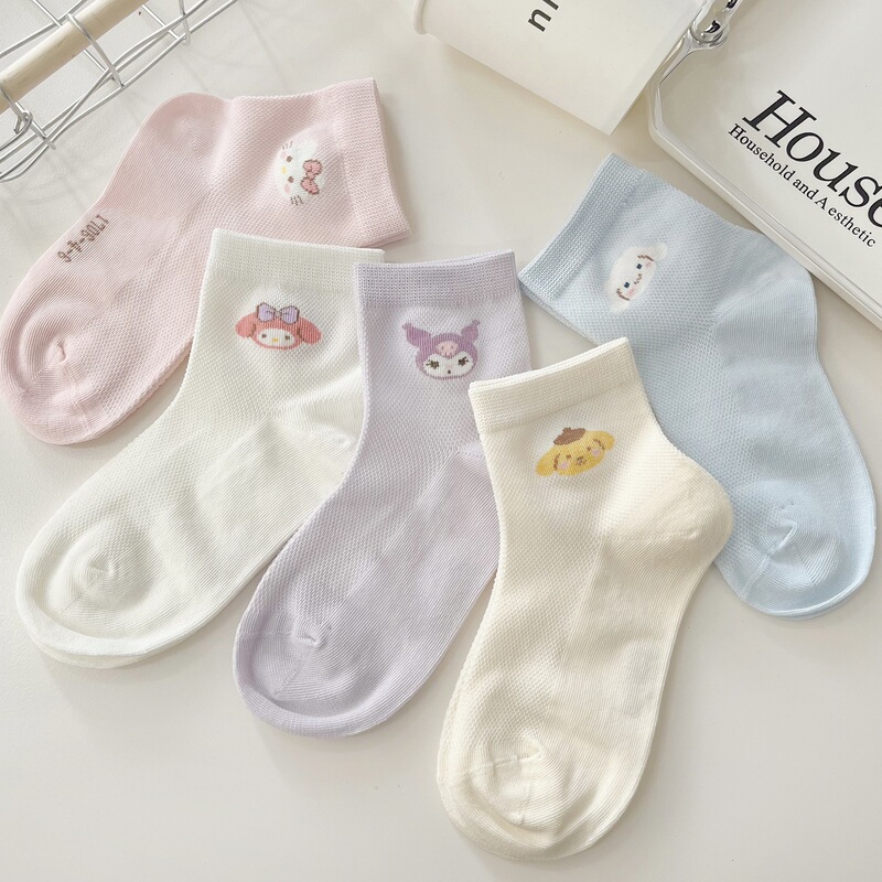 Children's Socks, Summer Thin Breathable Pure Cotton Mesh Seamless Girls' Mid-Calf Socks, Suitable for Summer, Spring, and Autumn