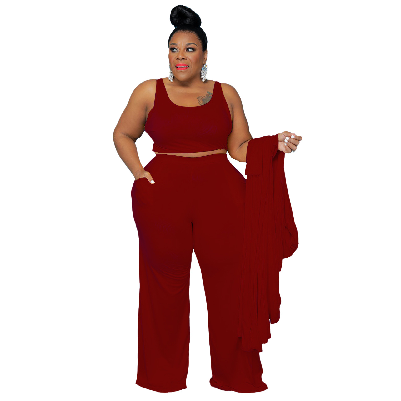 Casual Solid Color Spandex Polyester Pants Sets 3 Piece Set