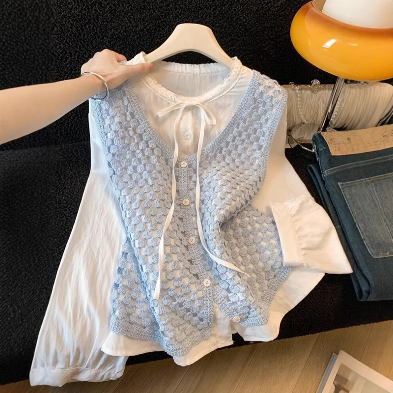 Spring New Style French Long-Sleeved Shirt for Women, Gentle Style, Slimming, Versatile Knitted Cardigan and Vest Two-Piece Set A10475