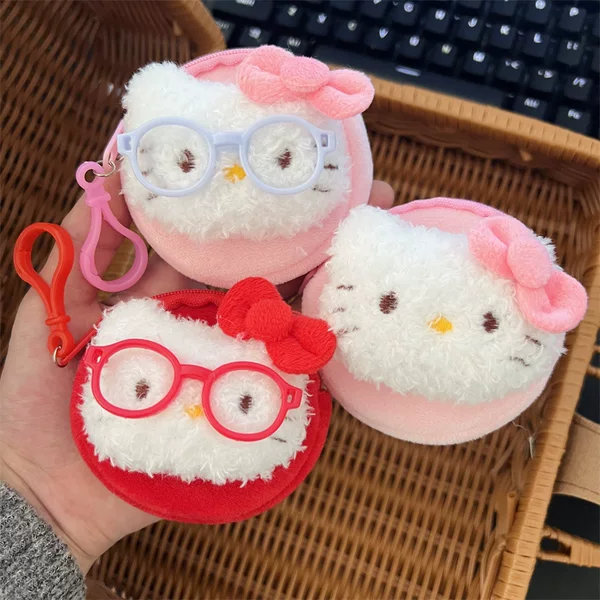 Wearing Glasses Hello Kt Cat Plush Coin Purse Student Portable Round Headphone Bag Carry-On Mini Bag for Women