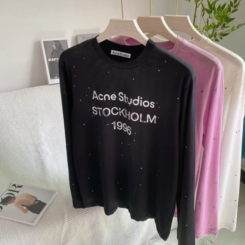Ac Niche 25 Early Spring Designer New Model Black Diamond Retro Bohemian Style Spray-Painted Vintage Rhinestone Long-Sleeve T-Shirt