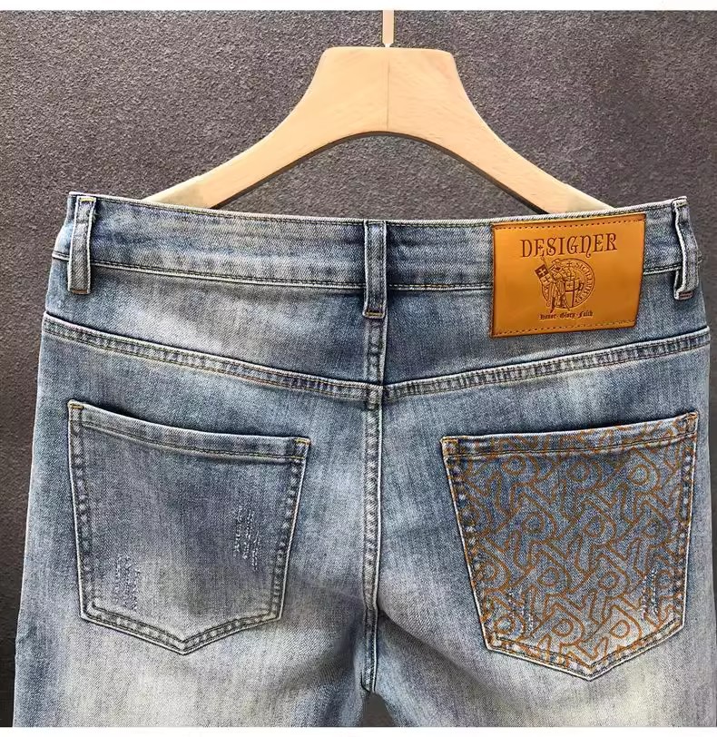 Light Blue Men's Distressed Denim Shorts High Waist Stylish Straight Leg Mid-Length Five Pocket Summer Trendy Clothing_mkmklike.com