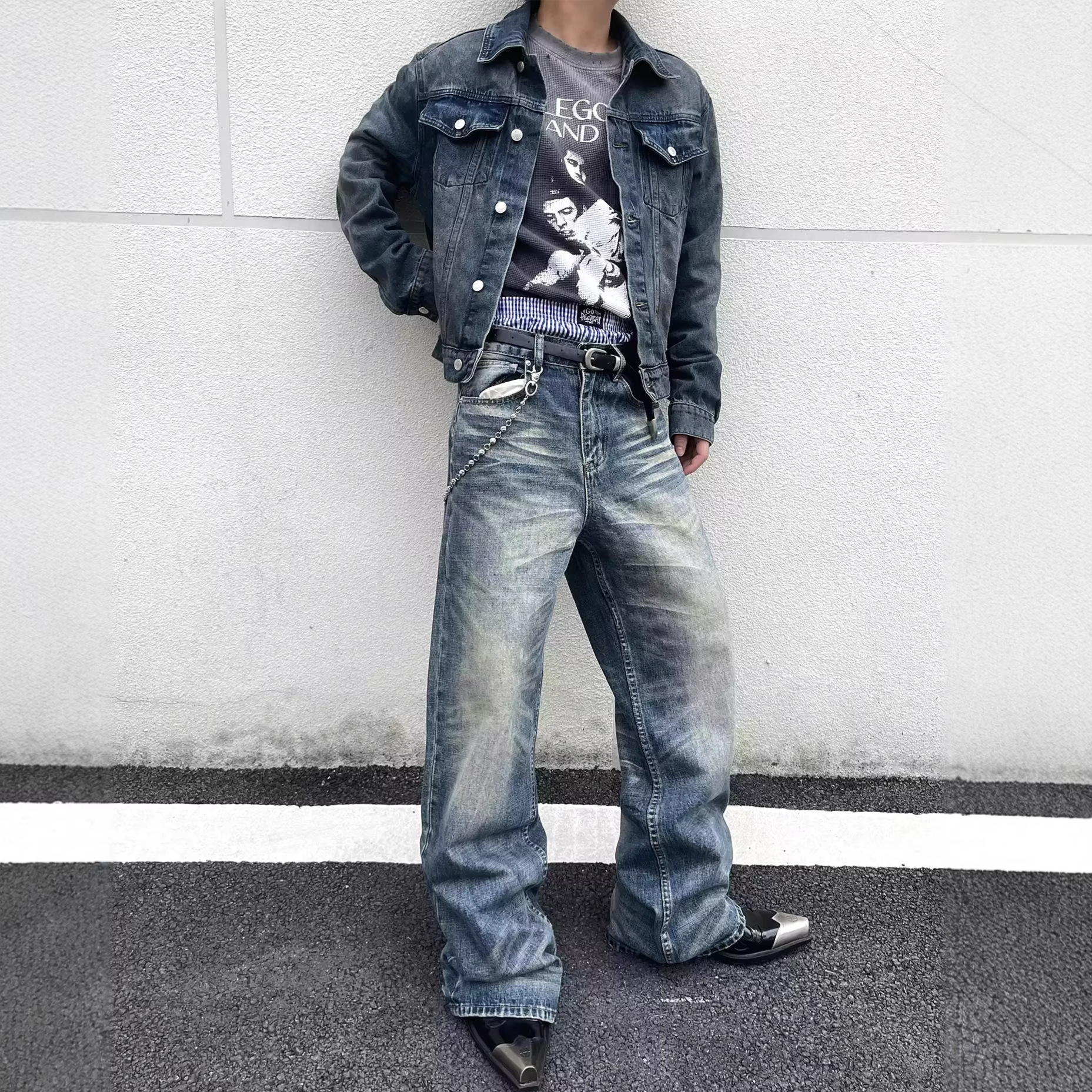 Vintage Washed Distressed Whiskered Baggy Jeans High Street Style Casual Loose Fitting Straight Leg Jeans_mkmklike.com