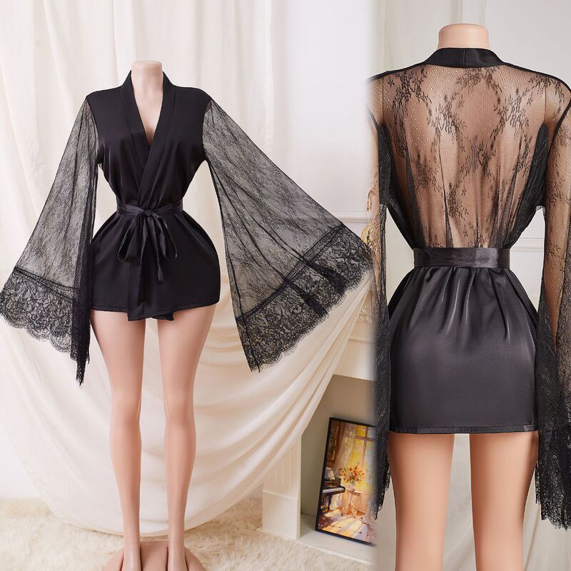 Solid Color Pajamas Sexy Women's Nightgown Lace See-Through Loungewear Long-Sleeved Bathrobe Pajamas Manufacturer Wholesale Nightgown