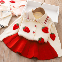 2022 Autumn New Girls' Knit Sweater Set Children's Korean Style Strawberry Knit Cardigan Skirt Trendy Two-Piece Set