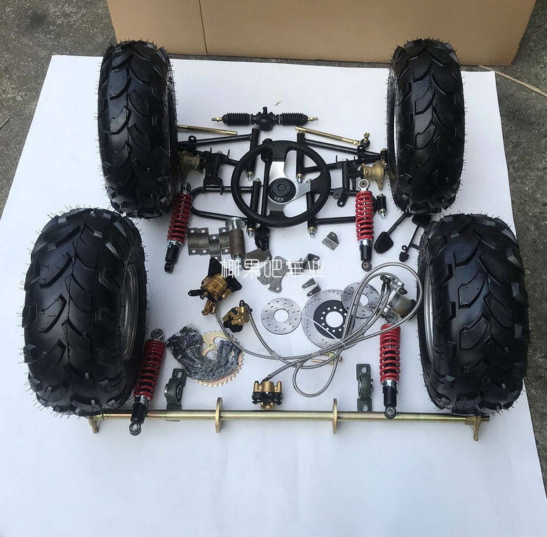 Modified Go-Kart Parts, Homemade Four-Wheel Vehicle with Front and Rear Suspension, Steering Wheel, 1m Rear Axle, 6/7/ 8inch Tires
