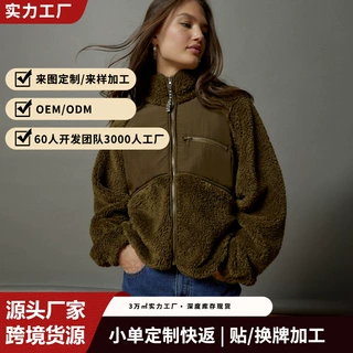 欧美跨境爆款拼接泰迪绒夹克女插肩袖立领拉链口袋秋冬毛绒短外套