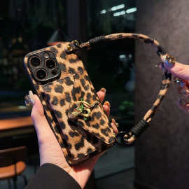 豹纹卡包适用iPhone17/16pro max手机壳苹果15钱包14挂绳13保护套