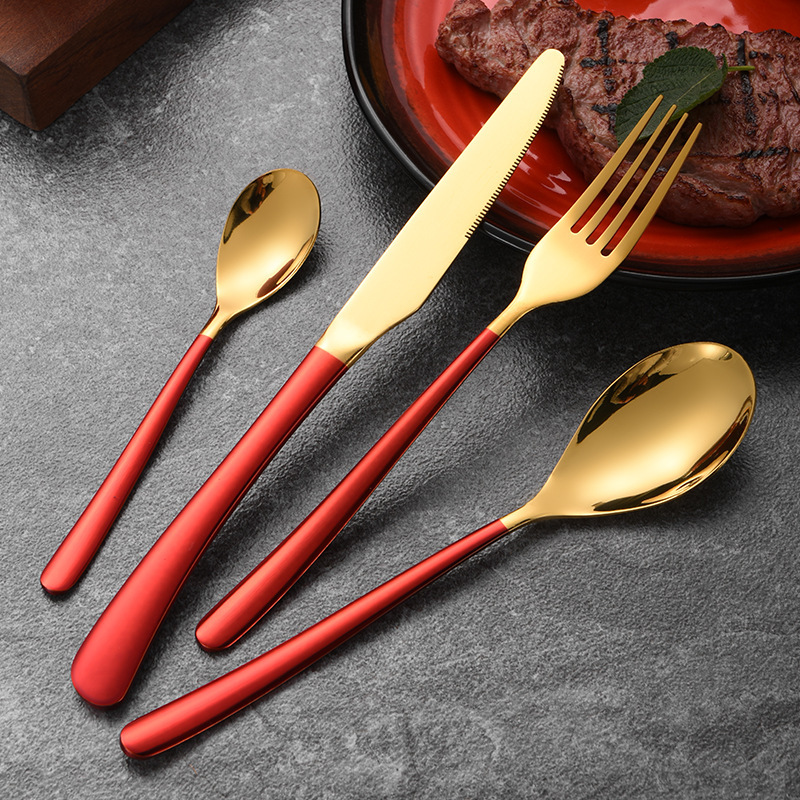 Stainless Steel Moonlight Gold Knife, Fork, Spoon, and Cutlery Set, Four-Piece Set in Red, Dark Green, White, and Black, Wholesale Stainless Steel Moonlight Gold Knife, Fork, Spoon, and Cutlery Set, Four-Piece Set in Red, Dark Green, White, and Black, Wholesale