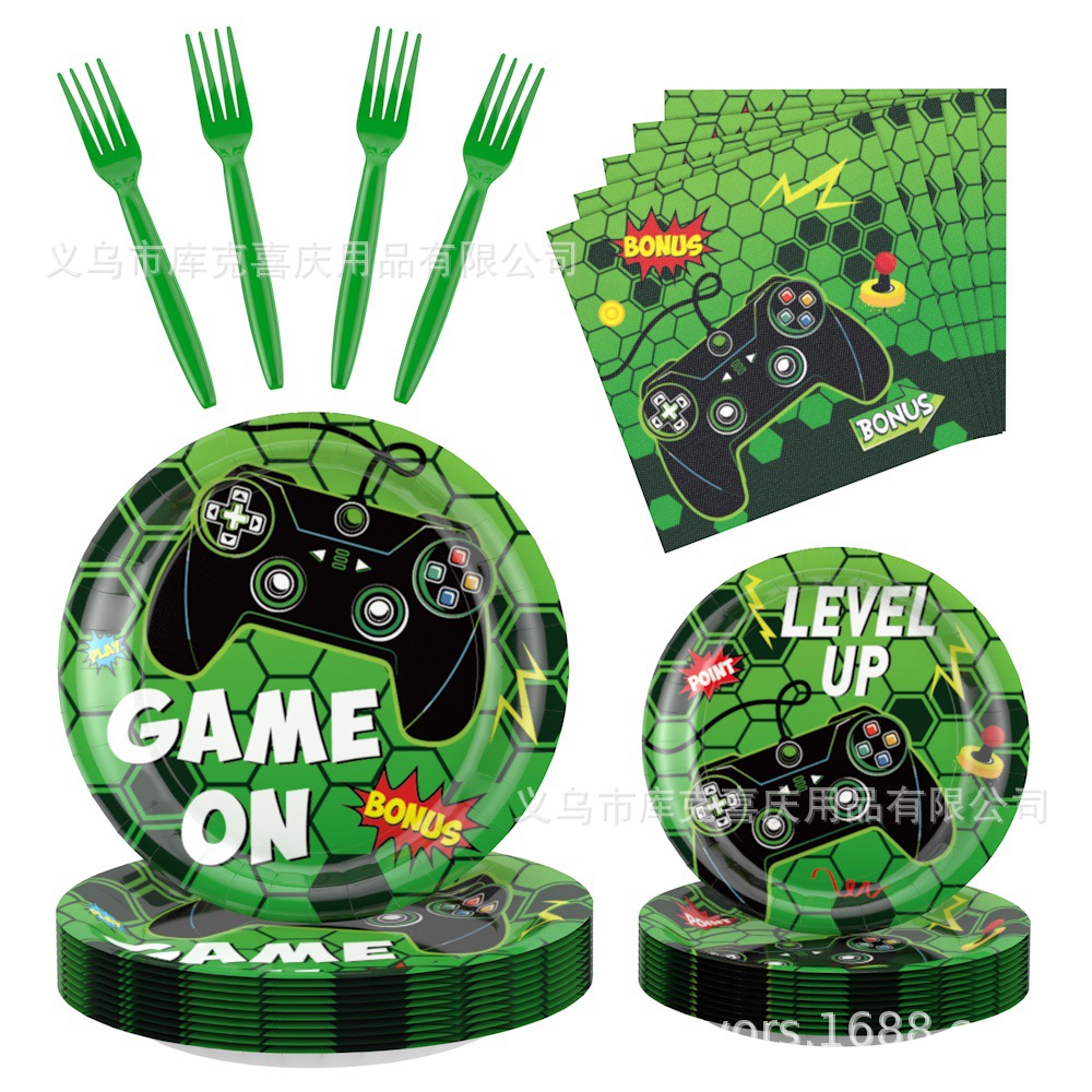 Nuevo mango de juego verde bandeja de papel desechable tazas de papel mesa cubiertos set de decoración de fiesta de cumpleaños para niños