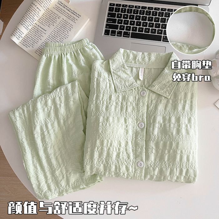 Estilo simple pijama de mujer con cojín de pecho primavera y otoño pantalones de manga larga cardigan color sólido conjunto de ropa de casa integral