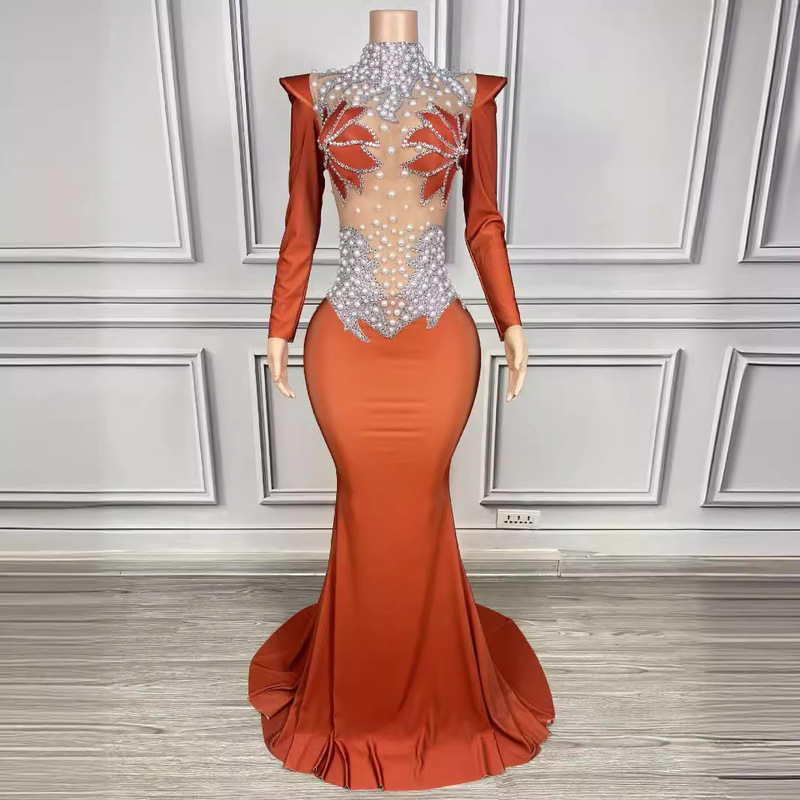 High-Quality Fashionable Half-High Collar Pointed Long-Sleeved Diamond Mesh Slim-Fitting Floor-Length Dress Orange
